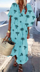 Fashion Casual Print V neck Short sleeve Lacing Falbala Maxi Dresses