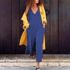 Casual Loose Pure V neck Pocket Jumpsuits