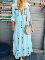 Casual V neck Print Long sleeve Maxi Dresses