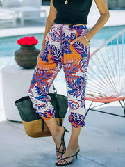 Women printed floral design long pants with pockets