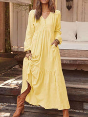 Casual Fastener Long sleeve V neck Big Hem Maxi Dresses