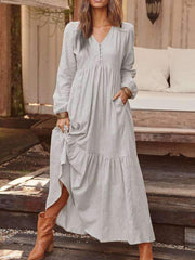 Fashion Casual Pure V neck Long sleeve Gored Maxi Dresses