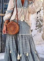 Casual Stripe Gored V neck Long sleeve Top&Dresses Suit