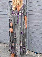 Fashion Print V neck Long sleeve Lacing Maxi Dresses
