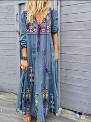 Fashion Print V neck Long sleeve Lacing Maxi Dresses