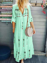 Casual V neck Print Long sleeve Maxi Dresses