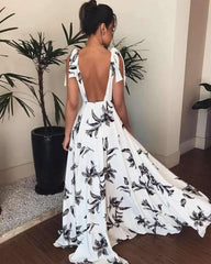 Fashion Print V neck Lacing Maxi Dresses