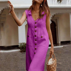 Casual Pure V neck Fastener Skater Dresses