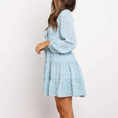 Fashion Print V neck Lacing Skater Dresses