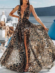 Sexy V neck Leopard print Vest Vacation Dresses