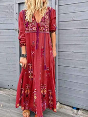 Fashion Print V neck Long sleeve Lacing Maxi Dresses