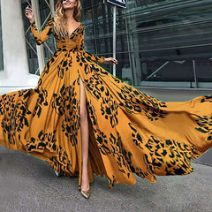 Fashion Long sleeve V neck Skater Big Hem Maxi Dresses