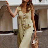 Casual Pure V neck Fastener Skater Dresses