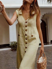 Casual Pure V neck Fastener Skater Dresses