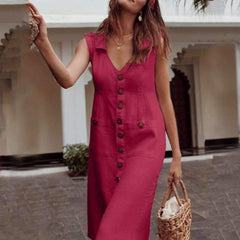 Casual Pure V neck Fastener Skater Dresses