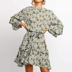 Fashion Print Lacing Falbala Skater Dresses