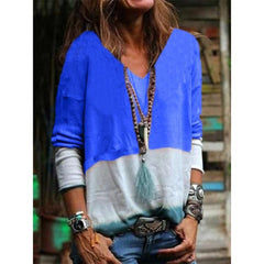 V-neck Patchwork Color Tie Dyed Long Sleeve Casual T-shirt