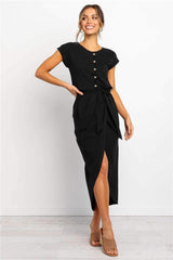 Fashion Fastener Round neck Lacing Irregular Skater Dresses