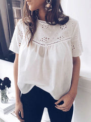 White Sweet Cutout Flower Women Casual T-shirts