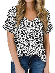 Women cotton blend leopard printed v neck T-shirts