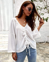 Pure V neck Knit Long sleeve Lacing T-Shirts
