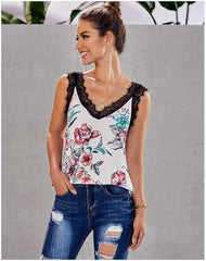 Loose Print Lace V neck Vests