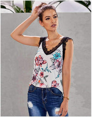 Loose Print Lace V neck Vests