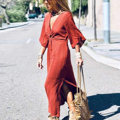 Fashion Casual V neck Pure Half sleeve Skater Dresses