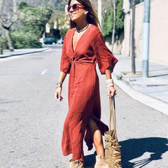Fashion Casual V neck Pure Half sleeve Skater Dresses