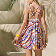 Fashion Print Backless V neck Vest Skater Dresses