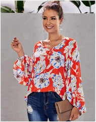 Loose V neck Puff sleeve Print Blouses