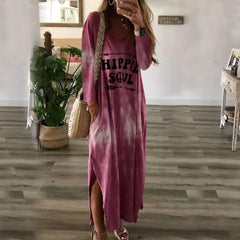 Casual Plus Print V neck Vent Maxi Dresses