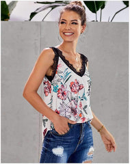 Loose Print Lace V neck Vests