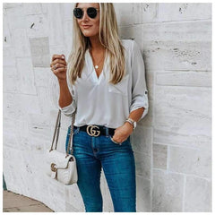 Loose V neck Pocket Blouses