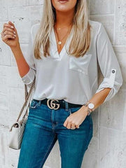 Loose V neck Pocket Blouses