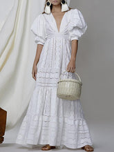 Women short sleeve v neck white maxi dresses
