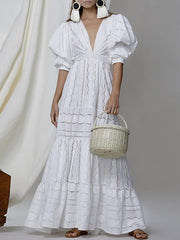 Women short sleeve v neck white maxi dresses