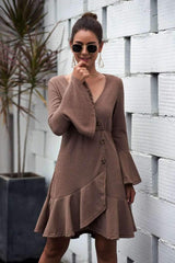 Fashion Knit Falbala V neck Mandarin sleeve Skater Dresses