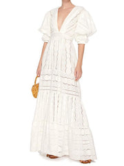 Women short sleeve v neck white maxi dresses