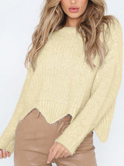 Round Neck Long Sleeve Wave Hem Knitting Sweaters