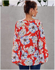Loose V neck Puff sleeve Print Blouses
