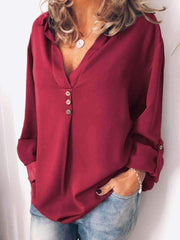 Fashion Pure Fastener Plus V neck Long sleeve Blouses
