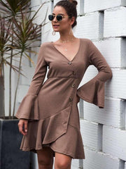 Fashion Knit Falbala V neck Mandarin sleeve Skater Dresses