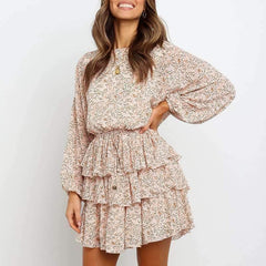Fashion Print Round neck Long sleeve Skater Dresses