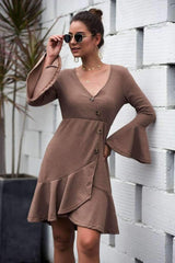 Fashion Knit Falbala V neck Mandarin sleeve Skater Dresses