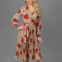 Fashion Print Drape V neck Long sleeve Skater Dresses