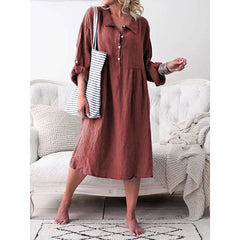 Casual Loose Pure Lapel Fastener Long sleeve Maxi Dresses