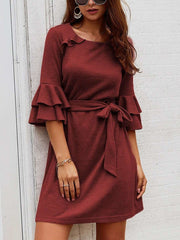 Fashion Pure Round neck Falbala Skater Dresses