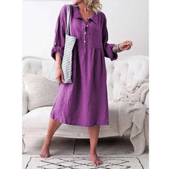 Casual Loose Pure Lapel Fastener Long sleeve Maxi Dresses