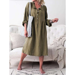 Casual Loose Pure Lapel Fastener Long sleeve Maxi Dresses